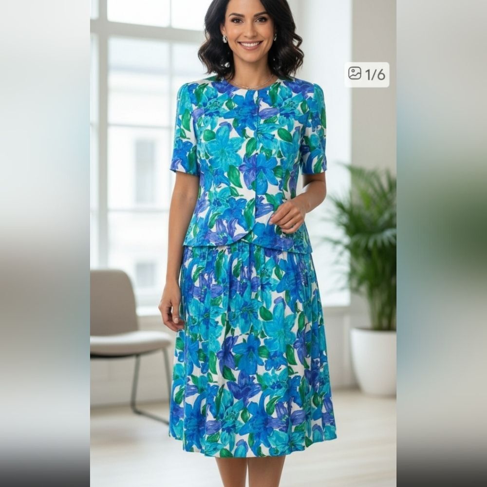 Adriana papell Blue SILK skirt set 4